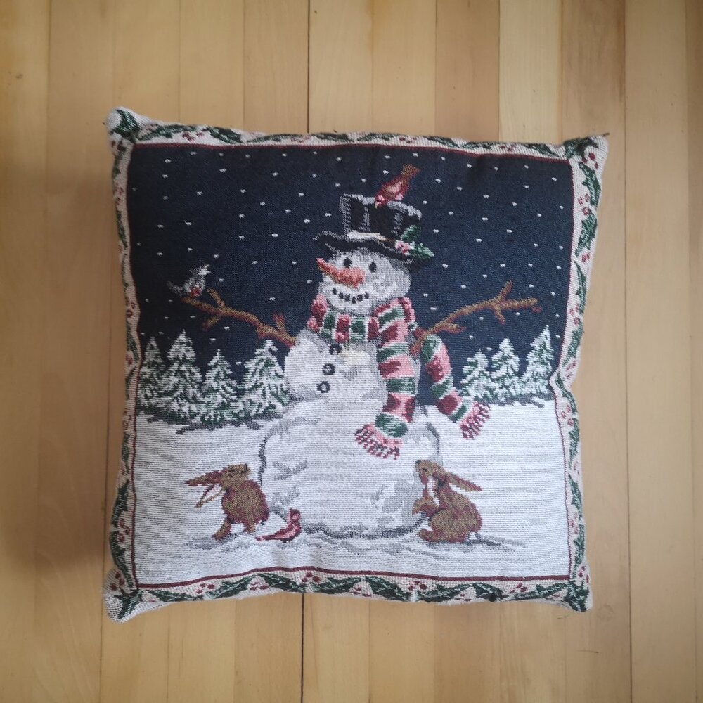 Handmade Woven Tapestry Pillow 15" Square w/ Winter Scene Snowman & Rabbits